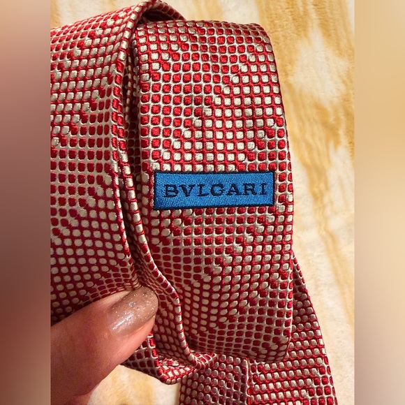 Bulgari Red and White Patterned Tie 100% Silk Made In Italy